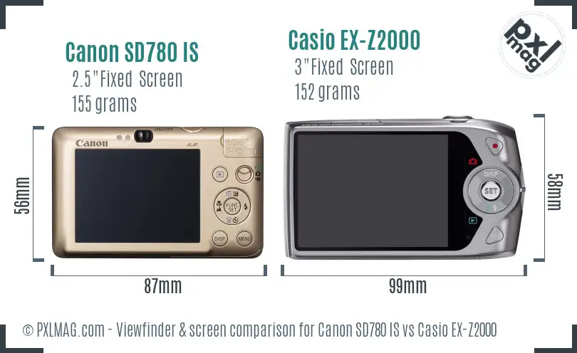 Canon SD780 IS vs Casio EX-Z2000 Screen and Viewfinder comparison
