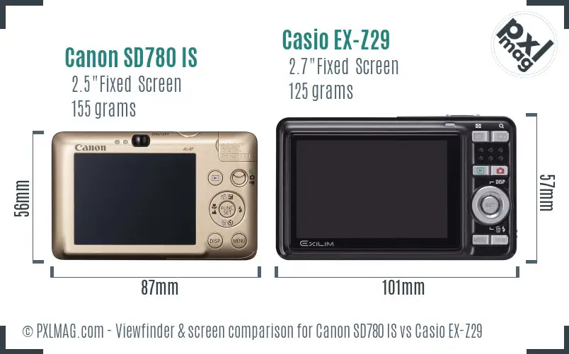 Canon SD780 IS vs Casio EX-Z29 Screen and Viewfinder comparison