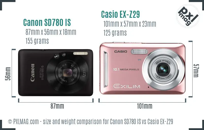 Canon SD780 IS vs Casio EX-Z29 size comparison