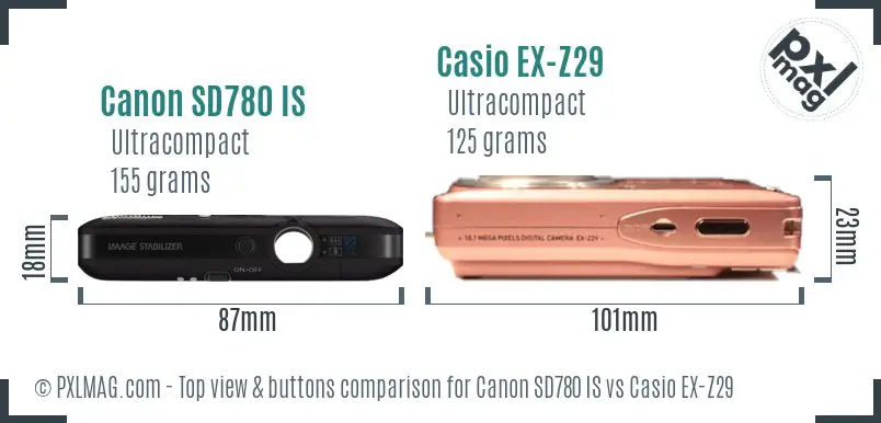 Canon SD780 IS vs Casio EX-Z29 top view buttons comparison