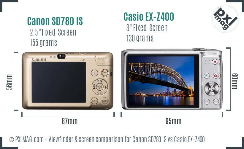 Canon SD780 IS vs Casio EX-Z400 Screen and Viewfinder comparison