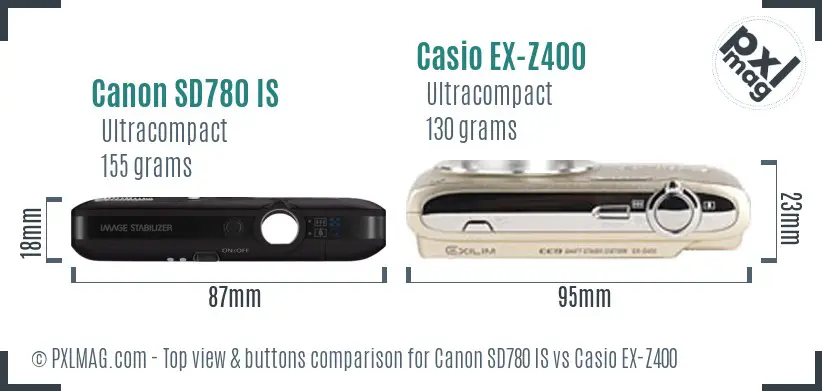 Canon SD780 IS vs Casio EX-Z400 top view buttons comparison