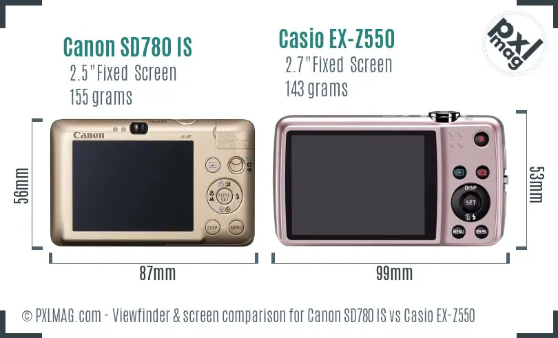 Canon SD780 IS vs Casio EX-Z550 Screen and Viewfinder comparison