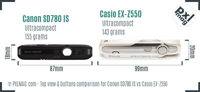 Canon SD780 IS vs Casio EX-Z550 top view buttons comparison