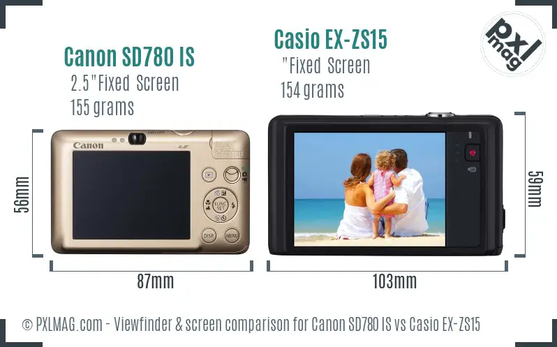 Canon SD780 IS vs Casio EX-ZS15 Screen and Viewfinder comparison