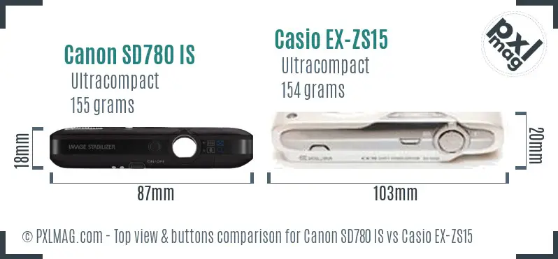 Canon SD780 IS vs Casio EX-ZS15 top view buttons comparison