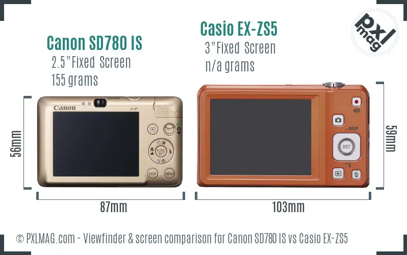 Canon SD780 IS vs Casio EX-ZS5 Screen and Viewfinder comparison