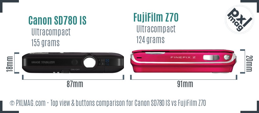 Canon SD780 IS vs FujiFilm Z70 top view buttons comparison