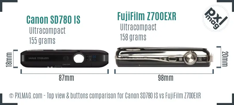 Canon SD780 IS vs FujiFilm Z700EXR top view buttons comparison