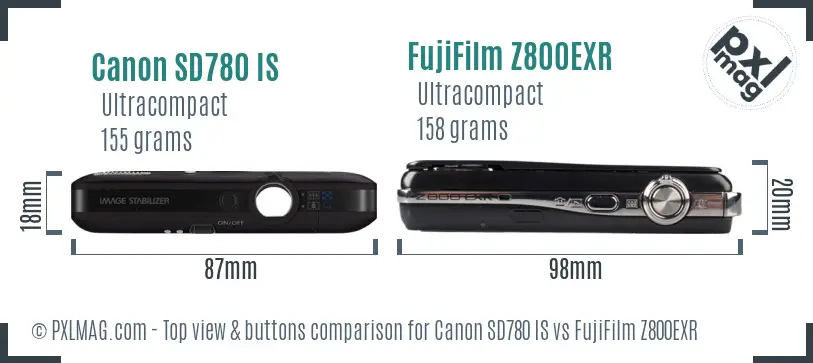 Canon SD780 IS vs FujiFilm Z800EXR top view buttons comparison