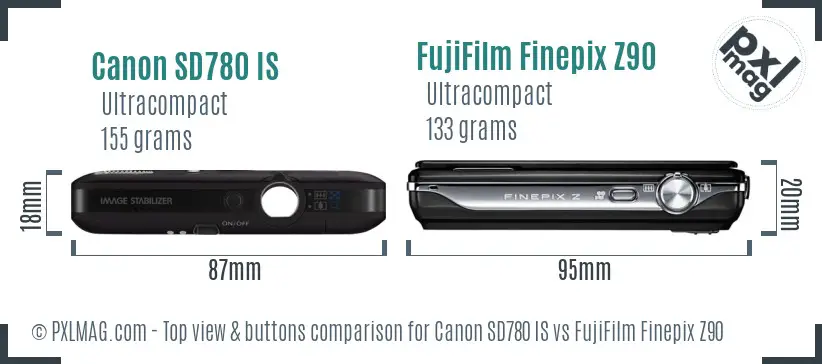 Canon SD780 IS vs FujiFilm Finepix Z90 top view buttons comparison