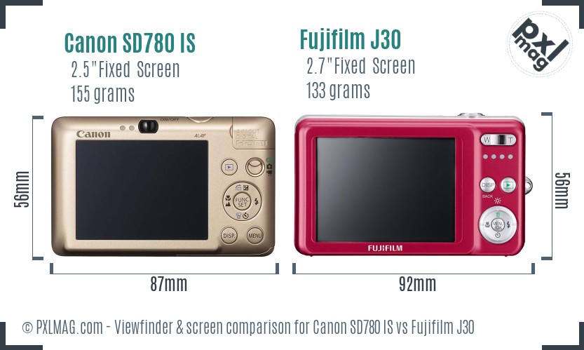 Canon SD780 IS vs Fujifilm J30 Screen and Viewfinder comparison