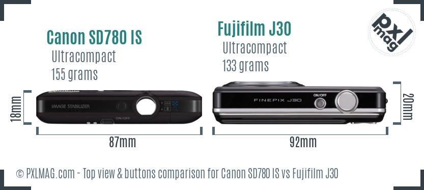 Canon SD780 IS vs Fujifilm J30 top view buttons comparison