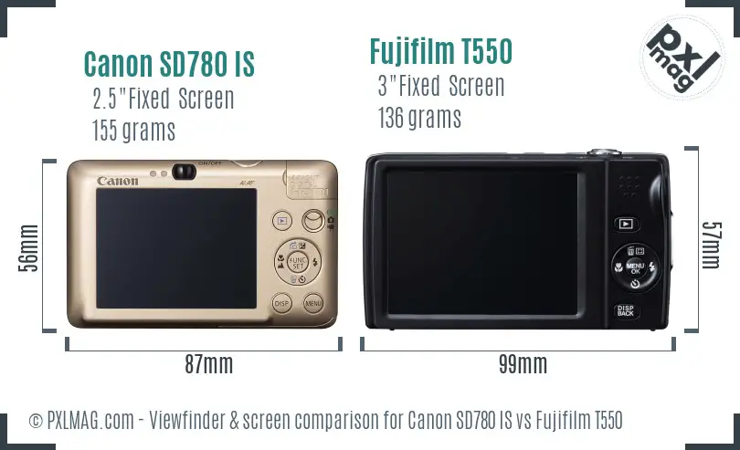 Canon SD780 IS vs Fujifilm T550 Screen and Viewfinder comparison