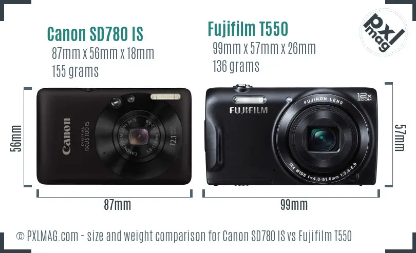 Canon SD780 IS vs Fujifilm T550 size comparison