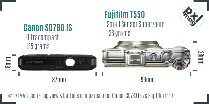 Canon SD780 IS vs Fujifilm T550 top view buttons comparison