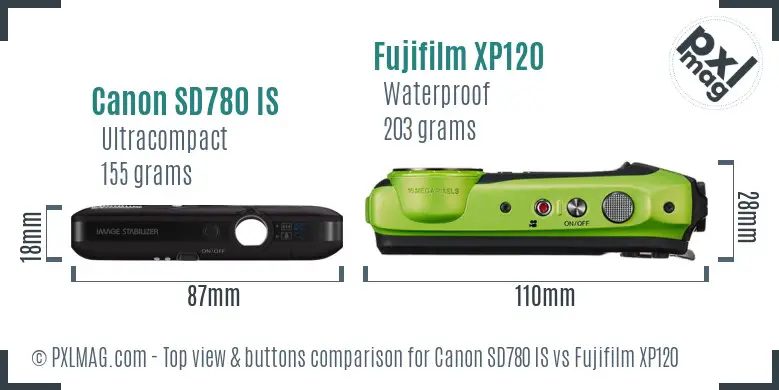 Canon SD780 IS vs Fujifilm XP120 top view buttons comparison Canon SD780 IS vs Fujifilm XP120 top view buttons comparison