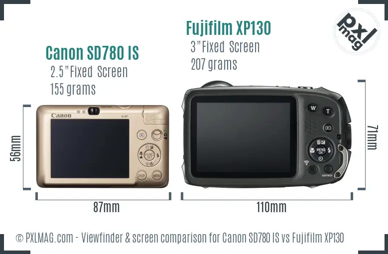 Canon SD780 IS vs Fujifilm XP130 Screen and Viewfinder comparison