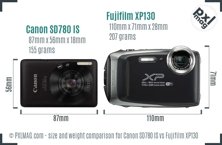 Canon SD780 IS vs Fujifilm XP130 size comparison