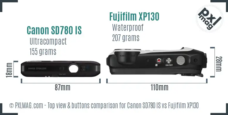 Canon SD780 IS vs Fujifilm XP130 top view buttons comparison