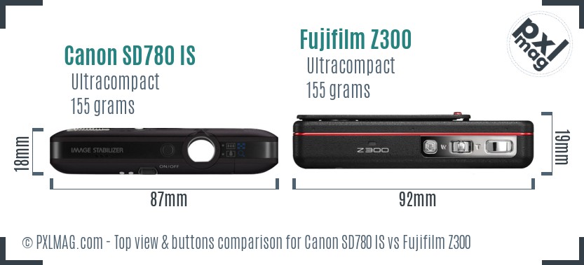 Canon SD780 IS vs Fujifilm Z300 top view buttons comparison