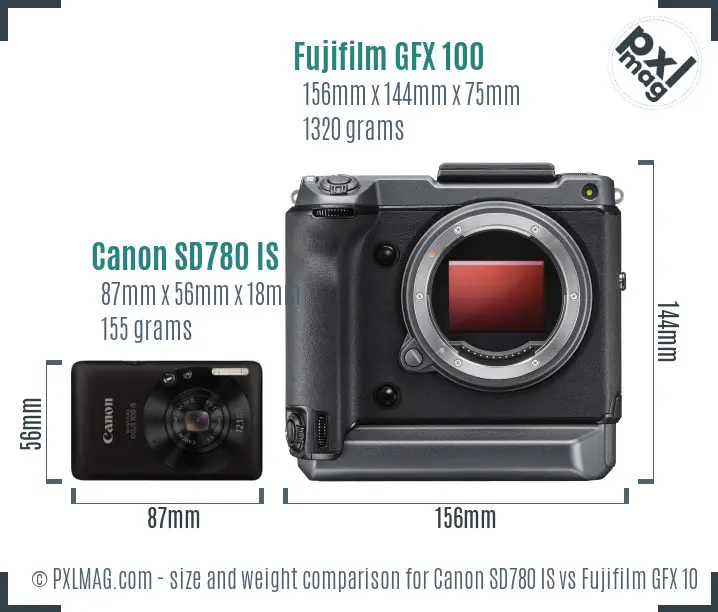 Canon SD780 IS vs Fujifilm GFX 100 size comparison