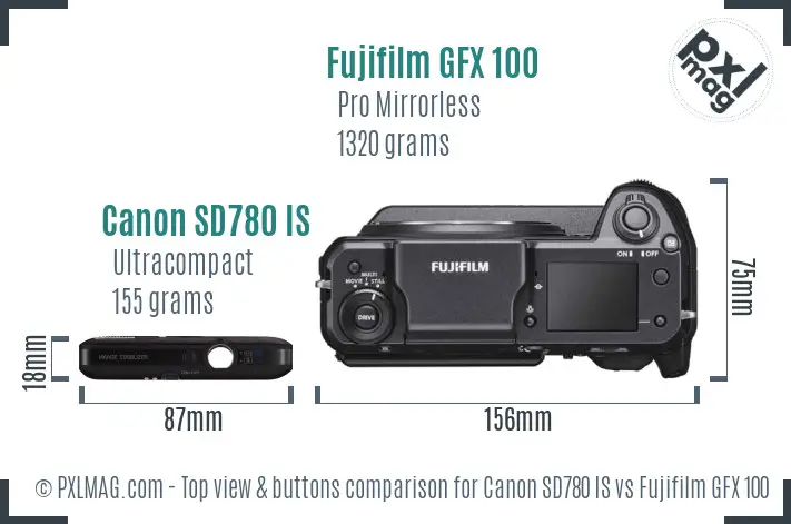 Canon SD780 IS vs Fujifilm GFX 100 top view buttons comparison