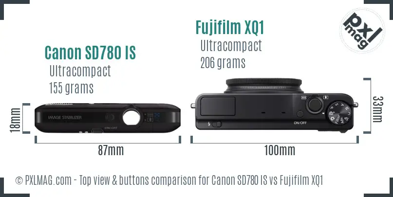 Canon SD780 IS vs Fujifilm XQ1 top view buttons comparison