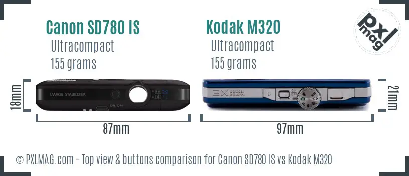Canon SD780 IS vs Kodak M320 top view buttons comparison