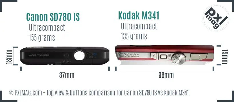 Canon SD780 IS vs Kodak M341 top view buttons comparison Canon SD780 IS vs Kodak M341 top view buttons comparison