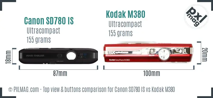 Canon SD780 IS vs Kodak M380 top view buttons comparison