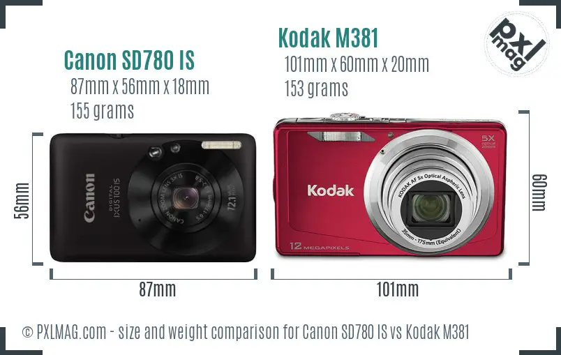 Canon SD780 IS vs Kodak M381 size comparison