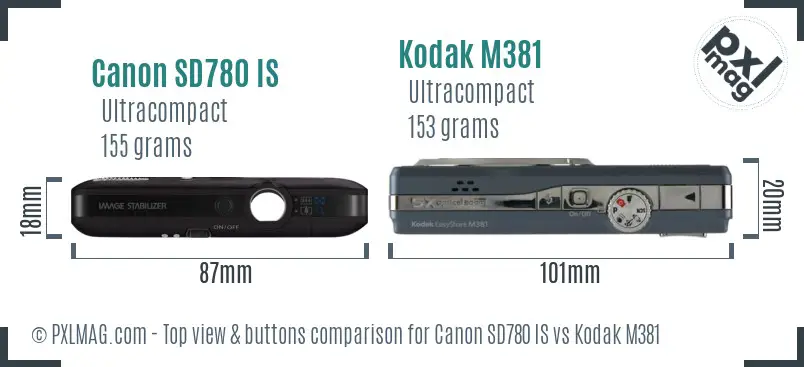 Canon SD780 IS vs Kodak M381 top view buttons comparison