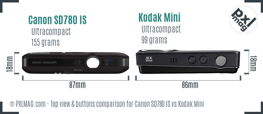 Canon SD780 IS vs Kodak Mini top view buttons comparison