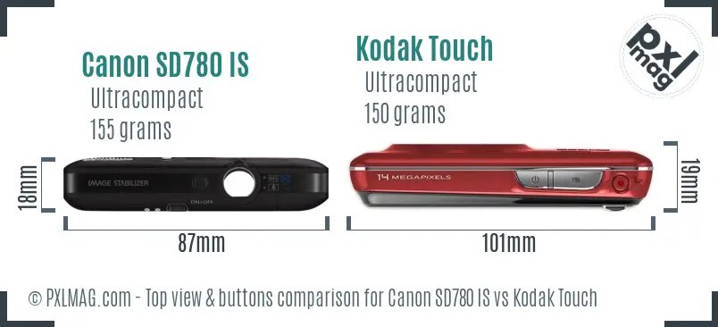 Canon SD780 IS vs Kodak Touch top view buttons comparison