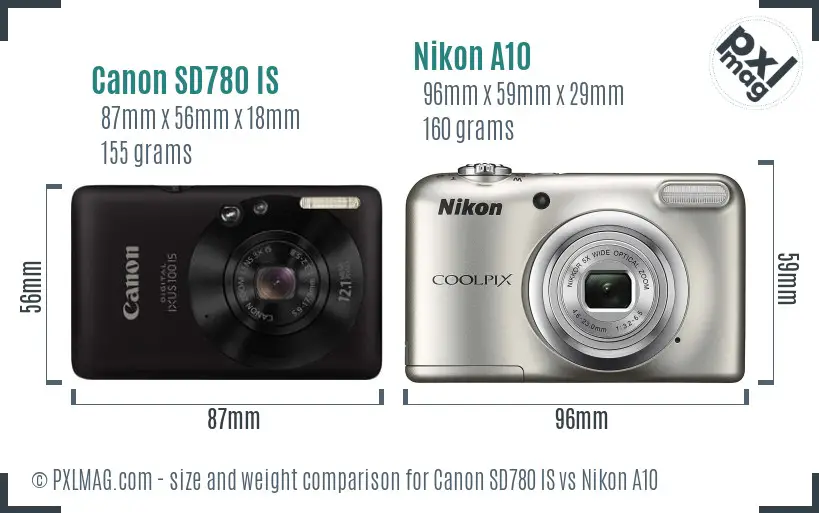 Canon SD780 IS vs Nikon A10 size comparison