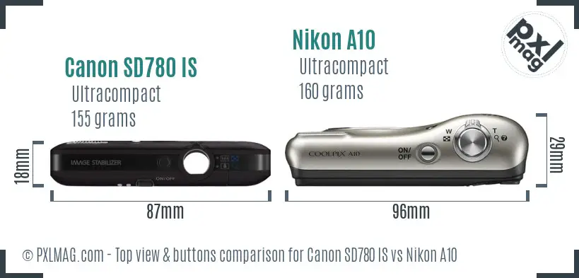 Canon SD780 IS vs Nikon A10 top view buttons comparison