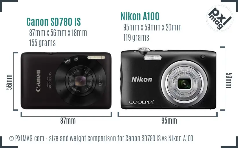 Canon SD780 IS vs Nikon A100 size comparison
