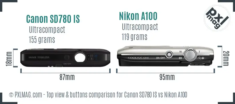 Canon SD780 IS vs Nikon A100 top view buttons comparison