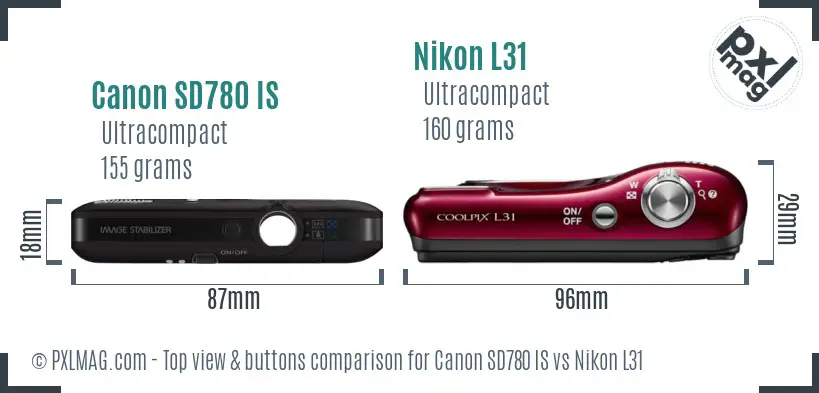 Canon SD780 IS vs Nikon L31 top view buttons comparison