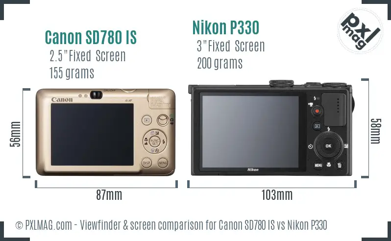 Canon SD780 IS vs Nikon P330 Screen and Viewfinder comparison