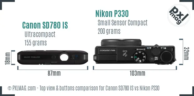 Canon SD780 IS vs Nikon P330 top view buttons comparison