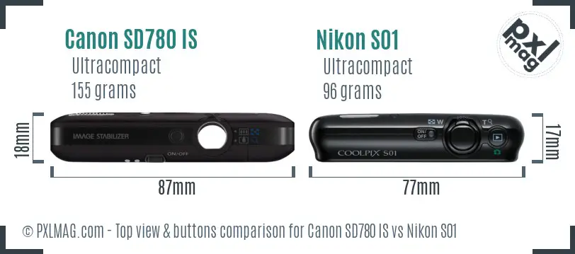 Canon SD780 IS vs Nikon S01 top view buttons comparison