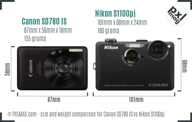 Canon SD780 IS vs Nikon S1100pj size comparison