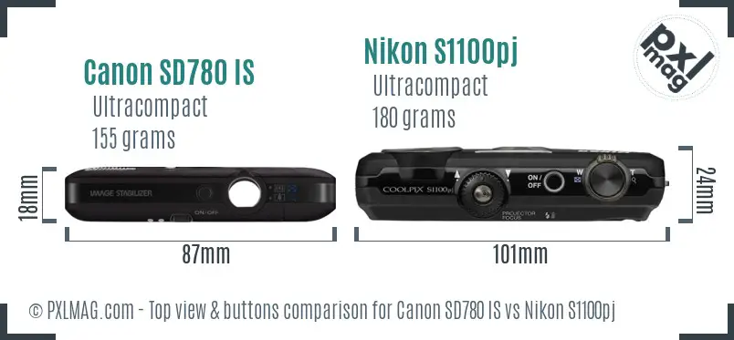 Canon SD780 IS vs Nikon S1100pj top view buttons comparison