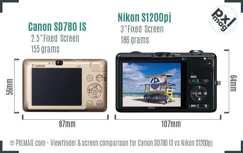 Canon SD780 IS vs Nikon S1200pj Screen and Viewfinder comparison