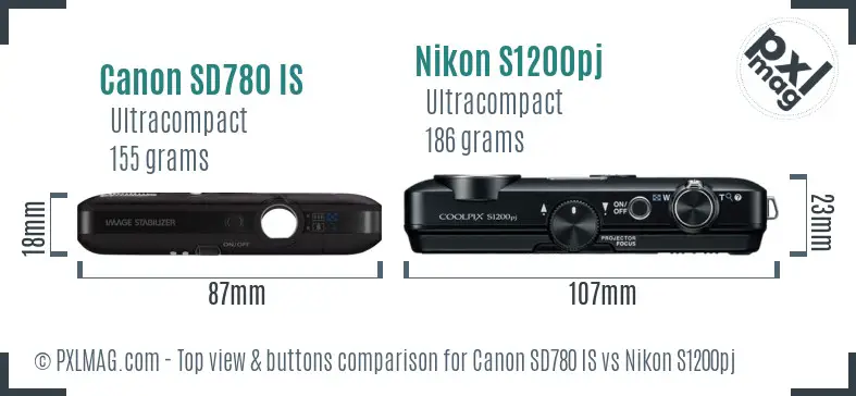 Canon SD780 IS vs Nikon S1200pj top view buttons comparison