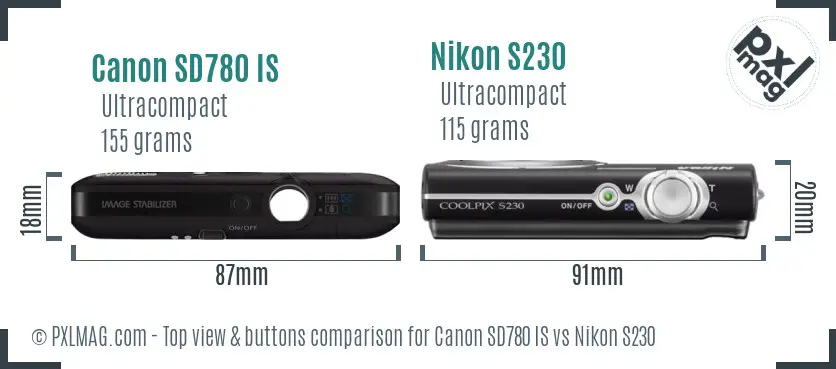 Canon SD780 IS vs Nikon S230 top view buttons comparison Canon SD780 IS vs Nikon S230 top view buttons comparison