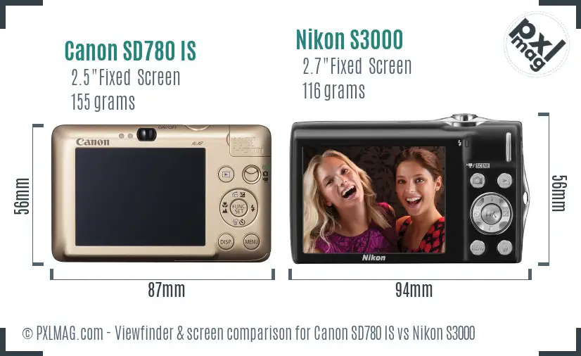 Canon SD780 IS vs Nikon S3000 Screen and Viewfinder comparison