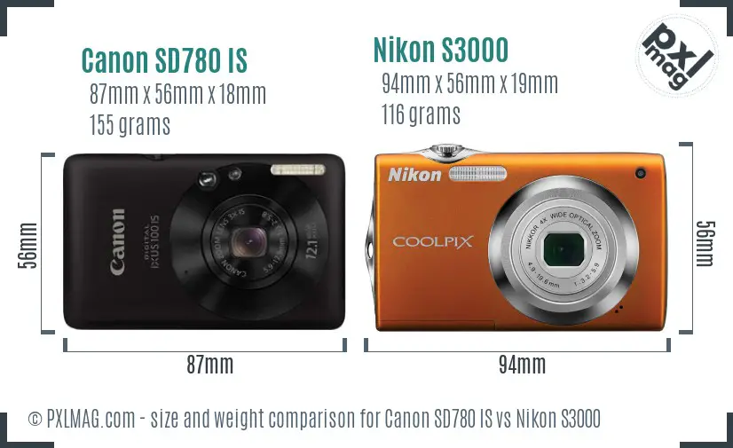 Canon SD780 IS vs Nikon S3000 size comparison